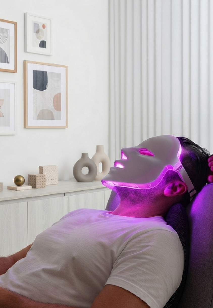 RELAXAMENTO -  Máscara Led Lilás - Exclusivo para todas as idades, com observação clínica individualizada. A luz lilás é utilizada como recurso complementar para favorecer um ambiente de calma, acolhimento e relaxamento antes da sessão de Psicanálise, respeitando sempre a tolerância e as necessidades de cada pessoa. * Uso opcional, respeitando o conforto e a disponibilidade emocional do paciente.